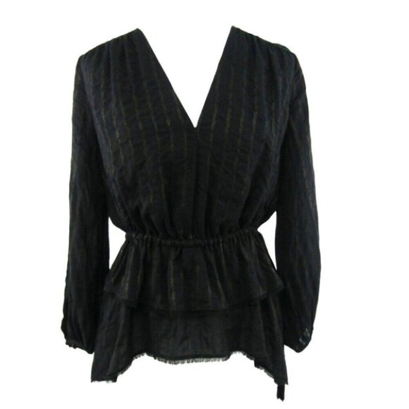 Derek Lam 10 Crosby Black Gold Metallic Stripe Peplum Blouse Size 00 Silk Blend - Picture 1 of 16